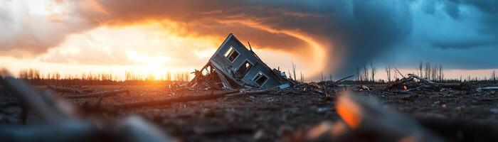 A massive tornado begins to dissipate as golden sunlight breaks through the storm. Ruined buildings and fallen trees in the foreground symbolize survival and resilience photo