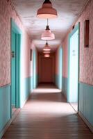Dimly lit corridor of an old hostel features scuffed wooden floors and peeling wallpaper, creating an unsettling atmosphere as it stretches towards an unknown destination photo