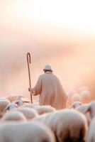 A shepherd walks with a wooden staff in a misty valley at sunrise, guiding soft-focus sheep as warm golden light envelops the landscape, creating a serene atmosphere photo