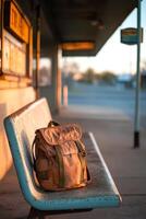 In the quiet morning light, a weathered bus station reveals a lone backpack resting on a bench, surrounded by faded signs casting long shadows, inviting adventure amid solitude photo