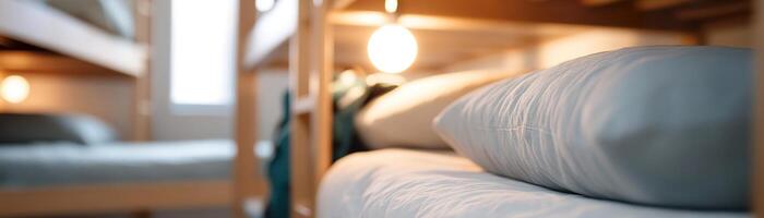 Soft-focus lighting creates a welcoming environment in this shared hostel dormitory. Bunk beds invite travelers, while scattered backpacks add to the cozy, budget-friendly charm photo