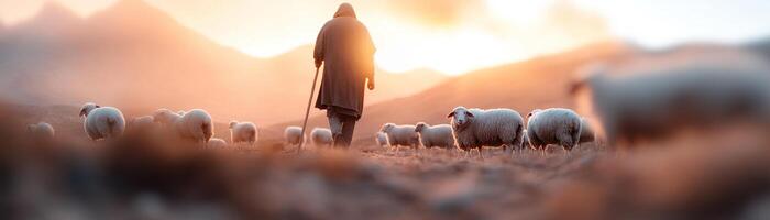 A shepherd walks through a misty valley at sunrise, holding a wooden staff while sheep graze nearby in the soft golden light, creating a serene and biblical atmosphere photo