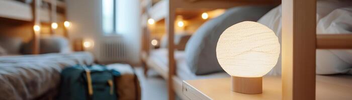 Soft lighting from a bedside lamp illuminates a shared hostel dormitory featuring multiple bunk beds and scattered travel gear, creating a cozy and inviting environment for travelers photo
