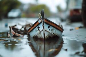 Deep floodwaters engulf a small fishing boat that has capsized after a tsunami, with wreckage floating nearby, conveying a strong sense of loss and disaster in the affected area photo