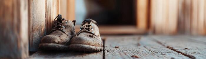 A pair of old muddy hiking shoes are placed just outside a wooden hostel door, hinting at an adventurer's arrival. Warm light glows softly from within, creating a cozy atmosphere photo