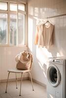 In a small hostel laundry area, clothes dry on a line while a washing machine hums softly in the corner. A traveler's backpack rests casually on a plastic chair, illuminated by warm sunlight photo