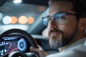 A stylish man sits in a luxury car, absorbed by the futuristic dashboard display. The city lights create a soft glow in the background, enhancing the high-end automotive experience photo