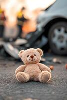 A small teddy bear rests on the pavement beside a wrecked vehicle. Blurred first responders work in the background under warm golden light, creating a poignant atmosphere photo