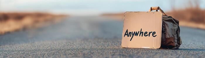A worn cardboard sign labeled Anywhere leans next to a tattered backpack on a deserted rural road. The golden-hour light creates a nostalgic atmosphere, inviting adventure and exploration photo