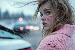 A woman stands on the roadside, shocked by her wrecked car. Snow falls softly as she gazes towards distant emergency lights, her hair blowing in the wind photo