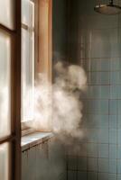 A tiny bathroom in a hostel reveals cracked tiles and a foggy mirror. Soft steam fills the air, creating a moody atmosphere that captures the essence of real-life travel experiences photo