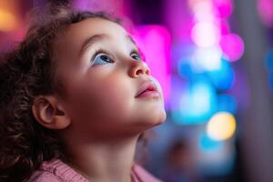 Inside a church, a young child gazes upward with wonder as soft, colorful light from stained glass illuminates their face, creating a serene and spiritual atmosphere photo