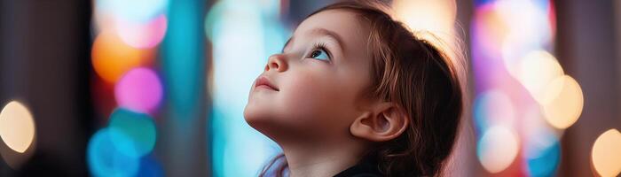 Inside a church, a young child looks up with wonder as soft, colorful stained glass light illuminates their face. The scene evokes feelings of awe and spirituality photo