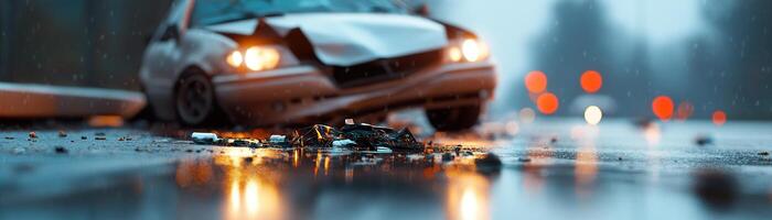 A badly damaged car sits on a rainy highway, surrounded by a misty atmosphere. Blurred headlights reflect off the wet ground, creating a dramatic ambiance photo