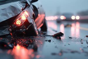 A wrecked car rests on a rainy highway, with blurred headlights reflecting off the wet pavement. The mist adds a dramatic touch to the somber situation in the stillness of night photo