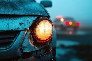A wrecked car sits on the roadside at night, one headlight flickering softly. In the background, emergency lights approach through the thick fog, adding a cinematic depth to the scene photo