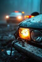 A wrecked car sits in the dark, its lone headlight flickering. In the distance, emergency lights approach through the fog, enhancing the dramatic atmosphere of the scene photo