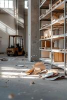 Dust particles float in soft morning light in an old logistics hub filled with rusting metal shelves and scattered paperwork. A broken forklift stands still amidst the decay photo