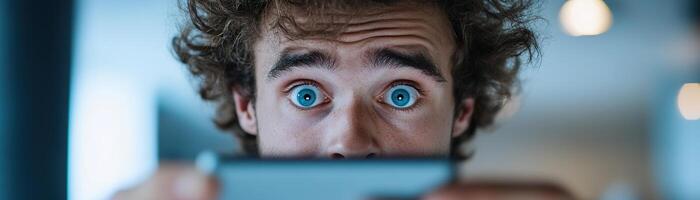 A young man with curly hair holds his smartphone up, gazing at the screen with wide eyes and an open mouth, clearly astonished by what he sees in a soft-focus techy background photo