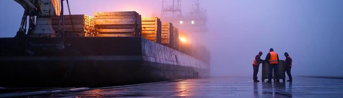 Silhouetted workers diligently lift and stack wooden crates onto a large cargo ship. The fog from the sea envelops the dock, creating a mysterious, cinematic ambiance enhanced by industrial lights photo