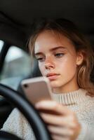 A young driver is focused on checking their phone while behind the wheel, unaware of an approaching vehicle reflected in the windshield, highlighting the risks of distracted driving photo