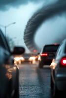 Families are seen fleeing in their cars amid a traffic jam on the highway, while a massive tornado looms ominously in the distance, signaling danger and urgency photo