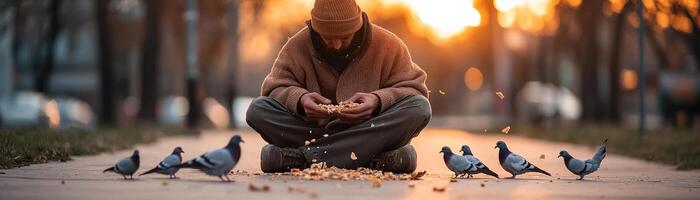 A homeless man sits cross-legged on a sidewalk in a park, gently scattering breadcrumbs for nearby pigeons as a warm sunset glows in the background, creating a serene atmosphere photo