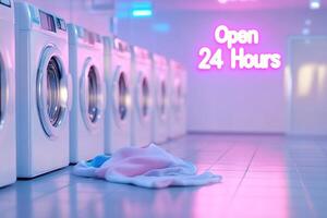 Dimly lit laundromat features a neon Open 24 Hours sign illuminating rows of washing machines, creating a warm atmosphere. A single sock lies forgotten on the floor, adding to the nostalgic vibe photo
