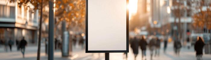A large blank banner hangs from a black lamppost in a bustling downtown street. Sunlight filters through trees, casting gentle shadows as pedestrians stroll by, creating a vibrant urban atmosphere photo