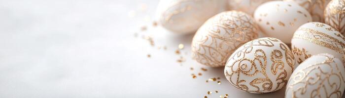Delicate gold-foil Easter eggs adorned with intricate filigree patterns are beautifully arranged, creating an elegant border against a neutral backdrop, with space for text photo