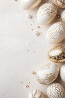 Luxurious gold-foil Easter eggs with ornate filigree designs frame a neutral background, exuding elegance. Sparkling accents enhance the high-end holiday aesthetic, leaving room for custom text photo