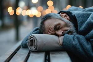 A middle-aged man sleeps curled on a wooden bench, using a rolled jacket as a pillow. He is wrapped in a faded blanket, embodying solitude amid distant streetlights photo