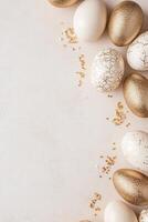 A stunning arrangement features gold-foil Easter eggs with intricate patterns, elegantly placed around a neutral backdrop. Golden sparkles enhance the luxurious feel, inviting creative text placement photo