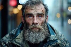A rugged man with a thick beard and weathered skin sits in an urban alley, wearing a faded military jacket. His piercing gaze reflects years of struggle against the backdrop of soft neon lights photo