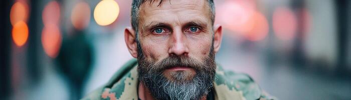 A weathered homeless man wearing a faded military jacket gazes intensely, embodying years of hardship, while neon lights softly illuminate the wet pavement of the alley photo