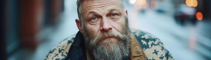 A rugged man, weathered and bearded, sits in an urban alley. His faded military jacket and intense gaze hint at years of hardship amid faint reflections from neon lights on the wet pavement photo