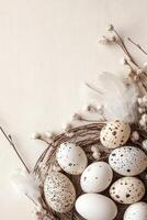 A border of speckled quail eggs and fluffy feathers forms a rustic nest pattern on a warm beige linen backdrop, perfect for personalized messages and adding countryside charm photo