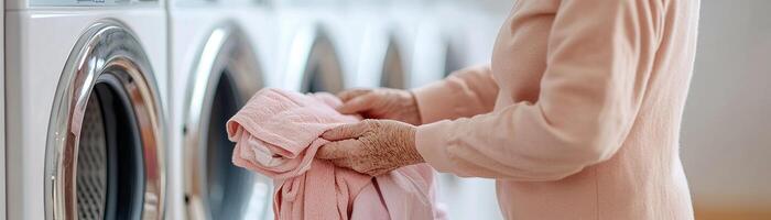 An elderly woman meticulously folds freshly washed clothes in a laundromat, surrounded by the soft focus of spinning machines and warm lighting, creating a serene atmosphere photo