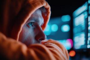 In a dimly lit room, a hacker focuses intently as they type rapidly. The glow from multiple monitors reflects on their face, enhancing the cyberpunk atmosphere. Lines of code blur in the background photo