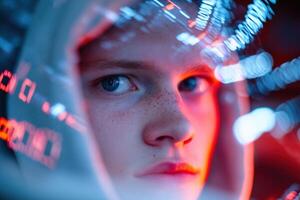 In a dimly lit room, a hacker types rapidly at multiple monitors. The glow illuminates their focused face, while lines of code and security alerts blur in the background photo