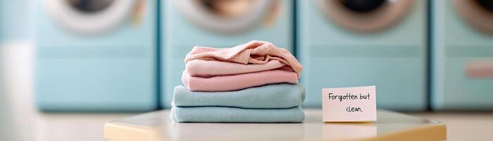A pile of neatly folded clothes rests on a laundromat table, accompanied by a note that reads forgotten but clean. The soft focus creates an air of mystery in this quiet moment photo