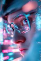 In a dimly lit room, a hacker types rapidly at multiple monitors. The glow of the screens reflects on their face, emphasizing the soft-focus digital code and security alerts surrounding them photo