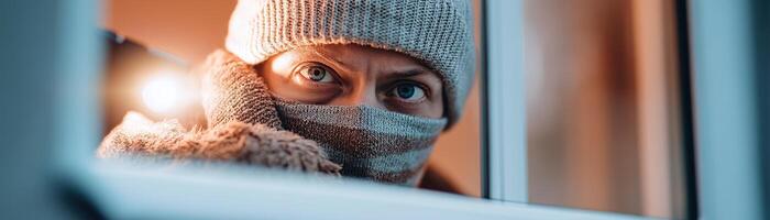 A classic masked burglar in a striped sweater and beanie crawls through an open window holding a flashlight. The quiet suburban backdrop suggests a daring nighttime heist, depicting playful suspense photo
