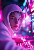 A hacker sits in a dark room, intensely focused on multiple glowing screens, typing swiftly as lines of code and security alerts flicker around them photo