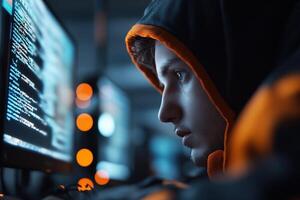 In a dark room, a hacker types intently at multiple glowing monitors, their face illuminated by screens displaying lines of code and security warnings photo