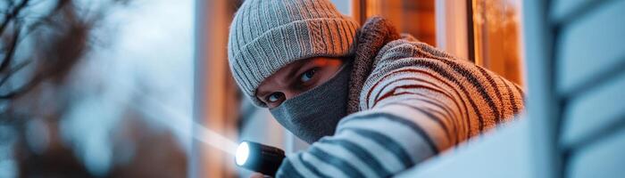 A masked burglar, dressed in a striped sweater and beanie, stealthily climbs through an open window while shining a flashlight in a tranquil suburban setting at dusk photo