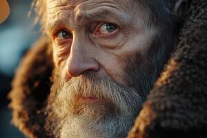 An elderly homeless man gazes into the distance with sorrowful, wise eyes. His deep wrinkles and unkempt beard reflect a life of hardship, set against a blurred city backdrop photo