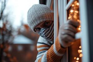 A classic masked burglar wearing a striped sweater and beanie is carefully climbing through an open window. The flashlight brightens the surroundings in a sleepy suburban setting photo