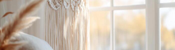 Soft woven macram threads form a beautiful streamer curtain in front of a sunlit window. The golden light creates warmth, enhancing the relaxed bohemian atmosphere perfect for artistic expression photo