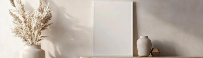 A blank white vertical poster frame hangs on a textured concrete wall in a Scandinavian living room. Soft natural light filters in, enhancing warmth from a wooden side table with a plant photo
